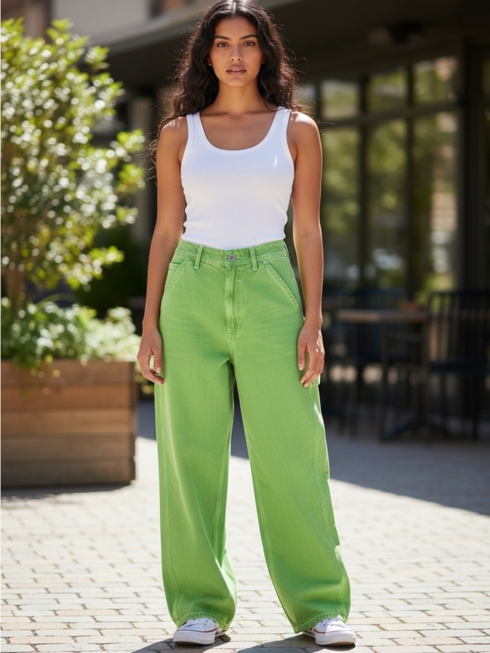 Free People We The Free Loren Carpenter Barrel Jeans Lime Green Utility Pants